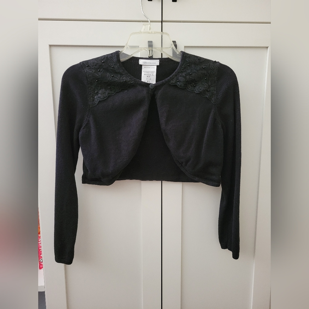 Bonnie Jean Girls Size XL Black Shrug Cardigan with Lace Accents